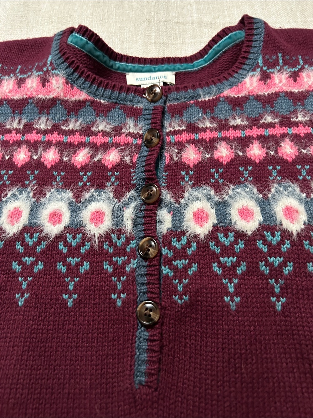 Sundance Fair Isle Sweater Burgundy Women's M Half Button Cotton Snowflake - Picture 12 of 13